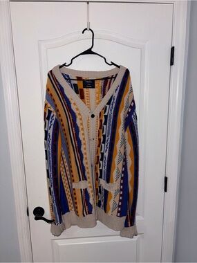 Cozy Multicolor Striped Cardigan Sweater - Cream Trim, Sz XXL